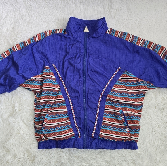 Vintage 90s Wilson Retro Blue Funky Print Windbreaker Full Zip Jacket Large - Picture 13 of 15